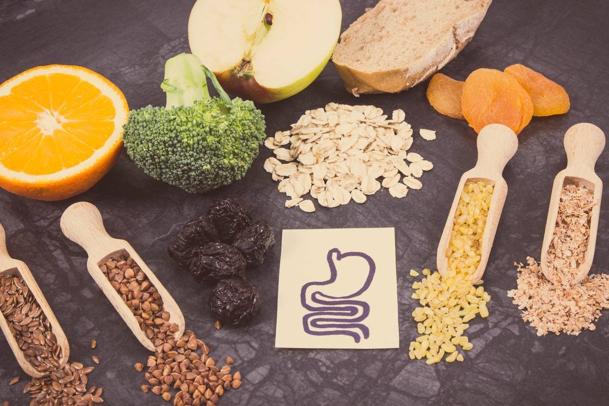 Gut health foods with fiber and digestive diagram