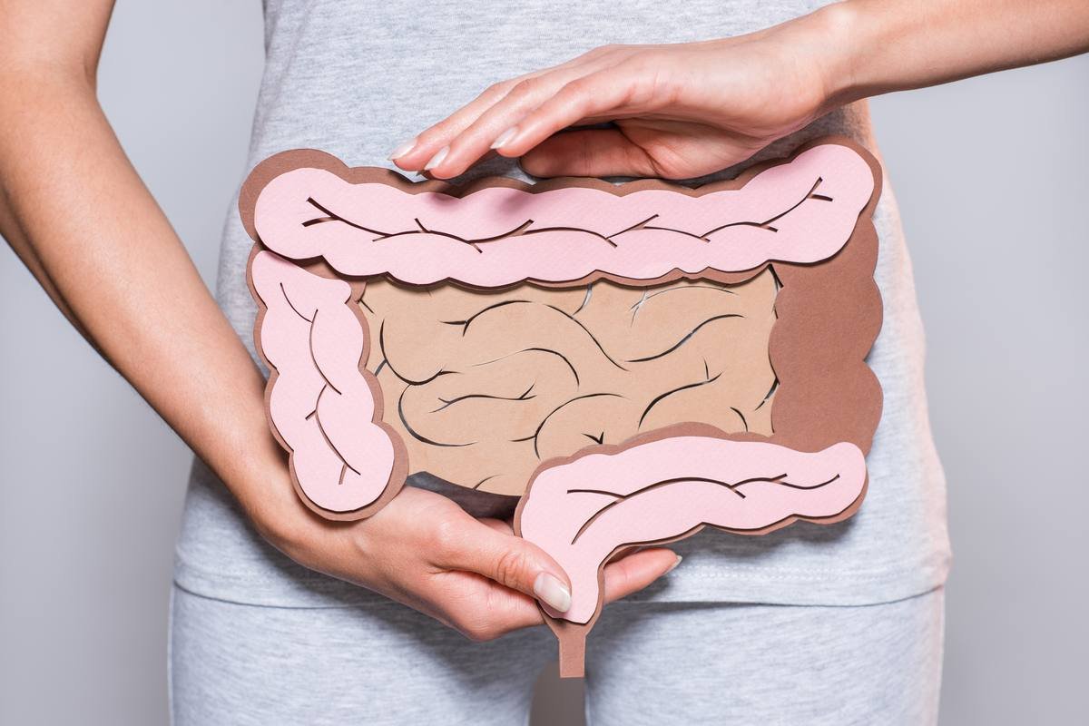Woman holding gut microbiome illustration for digestive health