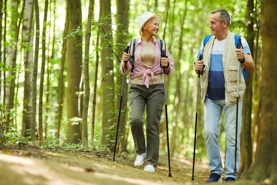 Active older couple hiking in forest with walking poles — spinal health and mobility