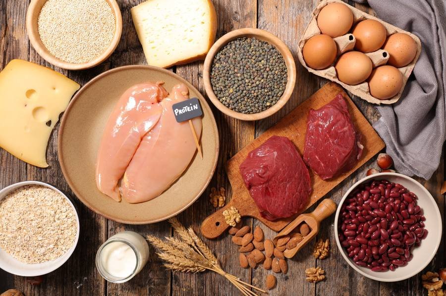 High-protein foods for metabolism support — chicken, beef, eggs, cheese, legumes, and nuts on rustic wooden surface